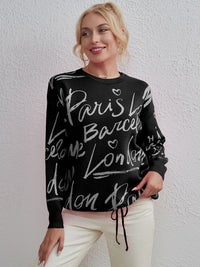 Letter Round Neck Drawstring Sweater