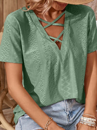 Crisscross V-Neck Eyelet Top